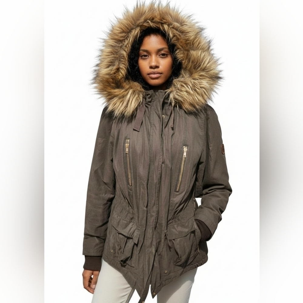 ASOS Parka Fur Trimmed Hood Utikity Medium Warmth Coat. Khaki/olive. Size 8